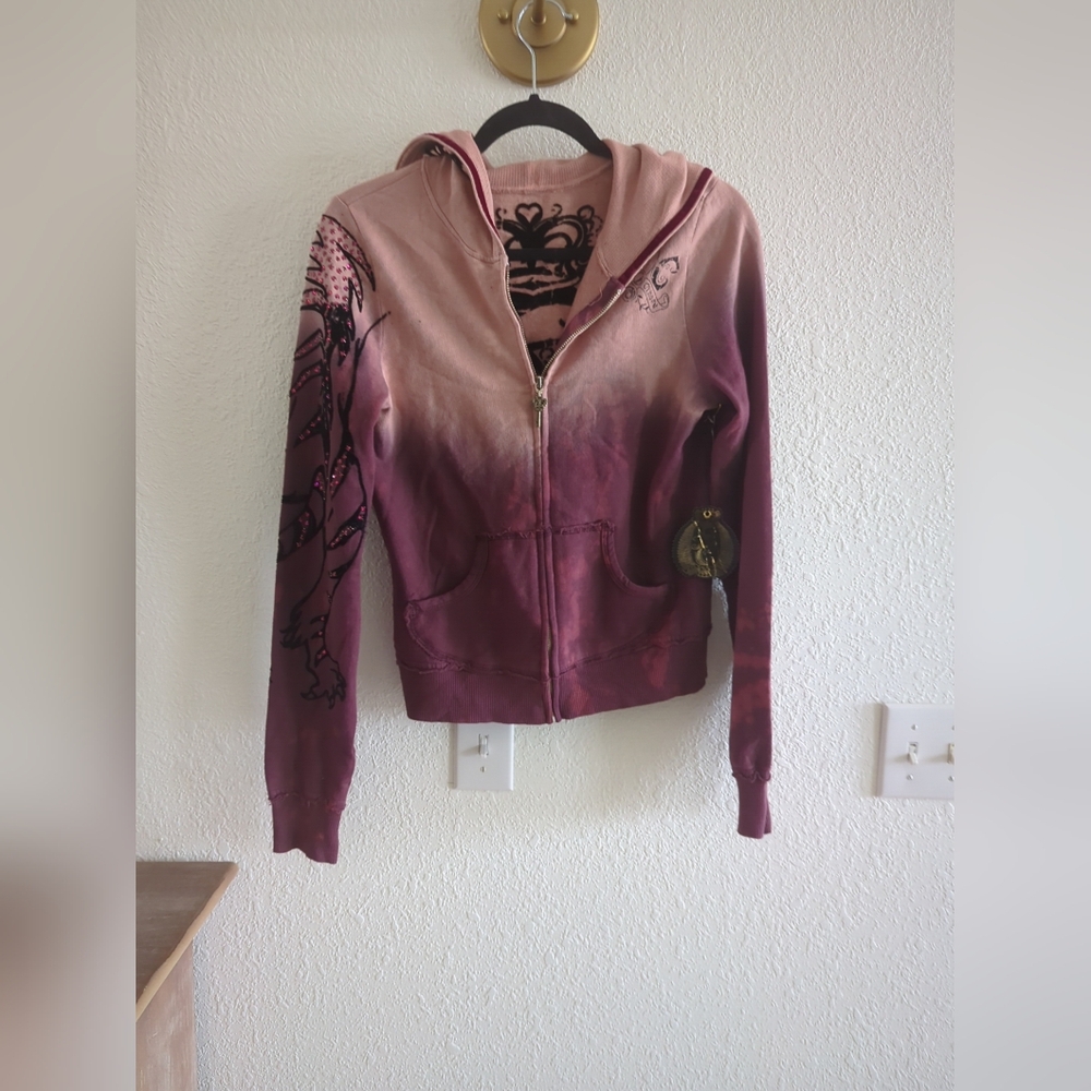 Key Closet Jacket Womens Hearts Studded Y2K Hoodie Tattoo Art Asian Tiger NEW